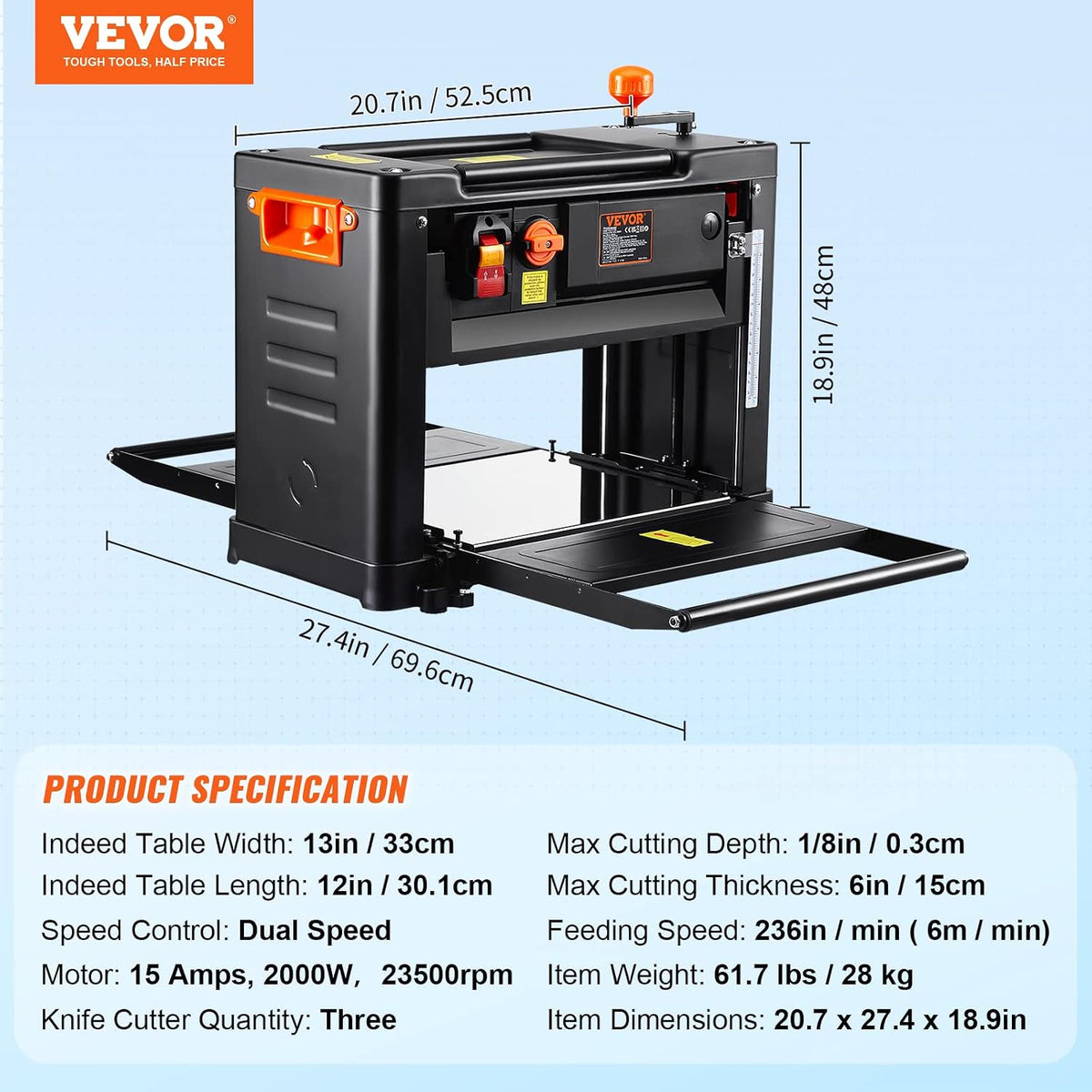 VEVOR Power Benchtop Planers, Three-Blade, Two Speed, 13' Width Worktable Thickness Planer with Extended Infeeding Table, Low Noise for both hard & soft wood material removal