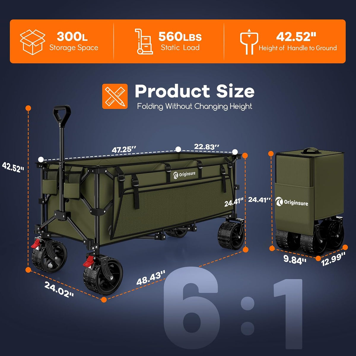 Originsure 48' L Collapsible Wagon Cart Foldable, 560lbs Weight Capacity 300L Heavy Duty Folding Beach Wagons with Big All-Terrain Wheels, Utility Carts for Groceries, Camping, Sports - Green