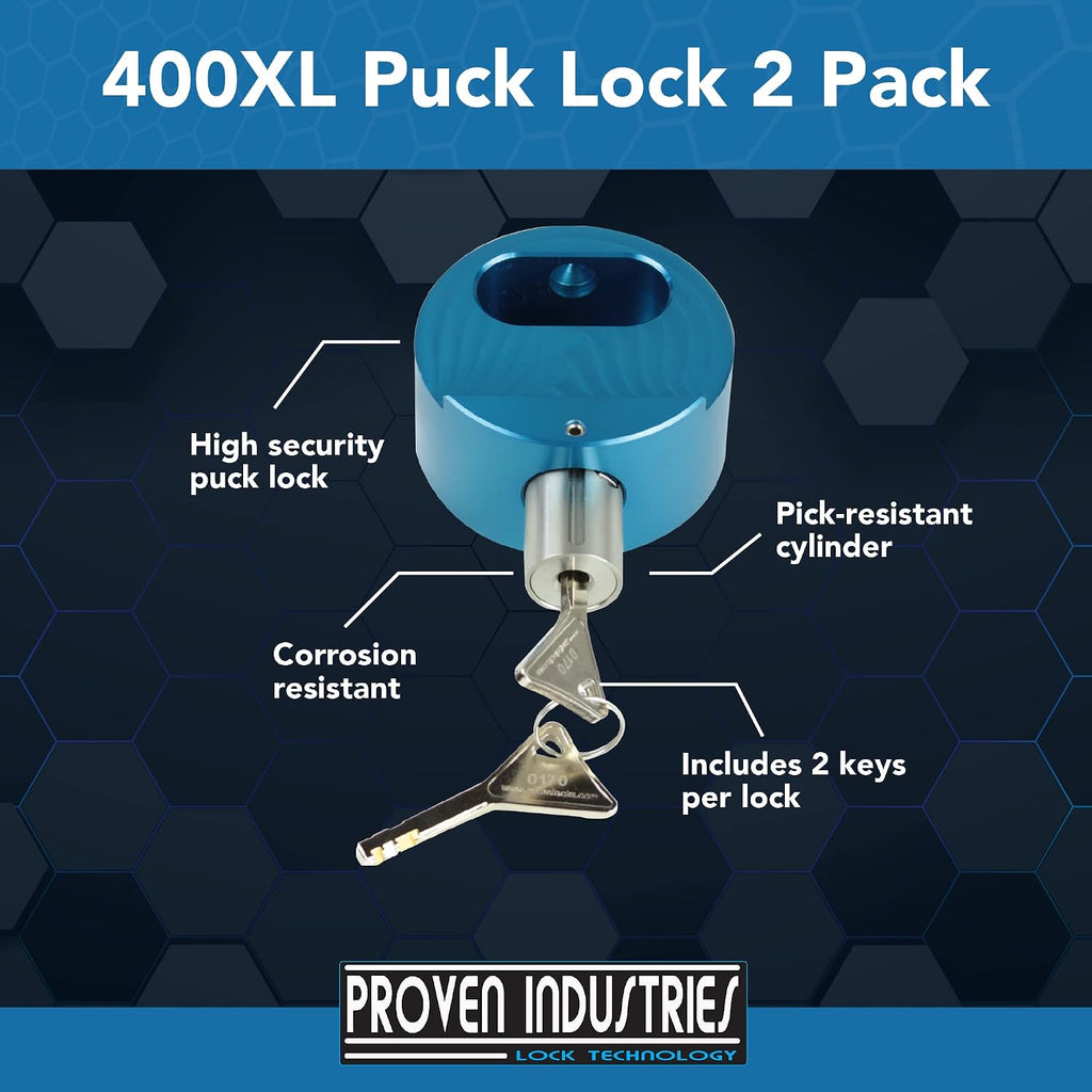 Proven Industries Puck Lock Set, Model 400XL, 2-Pack, Hidden Shackle, Keyed Alike, 6061 Solid Aluminum, Shackle Opening 1 3/4 x 1 3/4 x 7/8 in, Depth 1 1/4 in, Made in USA, Blue