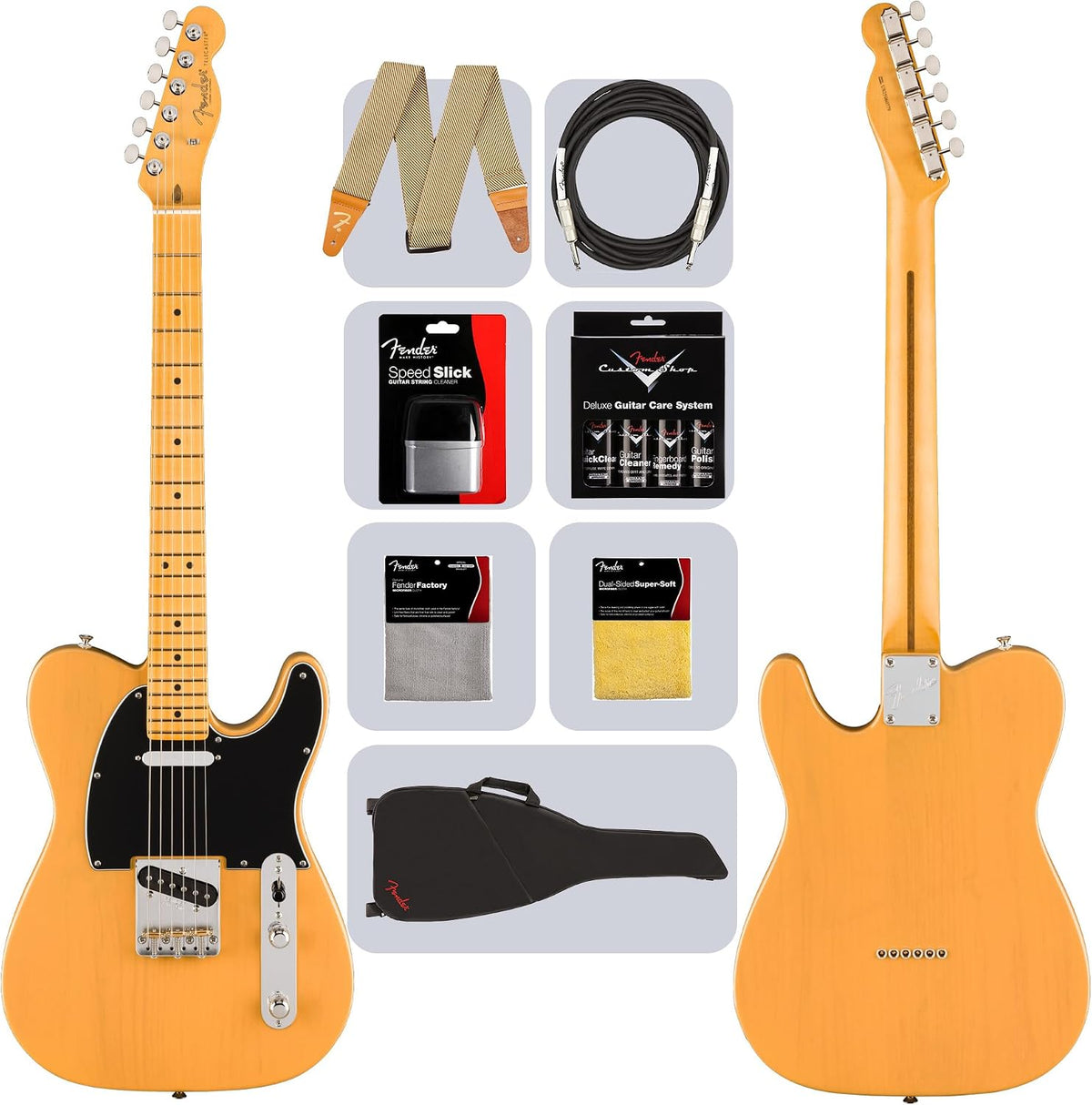 Fender American Professional Classic Telecaster - Butterscotch Blonde Bundle with Gig Bag, Strap, Cable, and Guitar Cleaning Kit