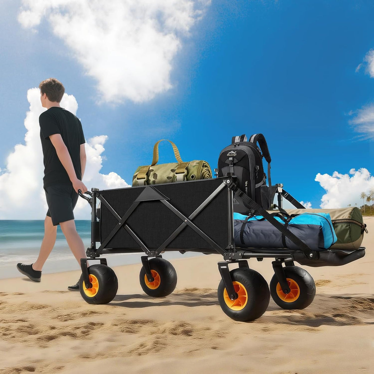 Outdoor Wagon with Inflatable All-Terrain Big Wheels,220 LBS Heavy Duty Folding Beach Wagon with Extra Long Extender,Grocery Cart with Cup Holders and Pocket for Groceries, Garden & Camping