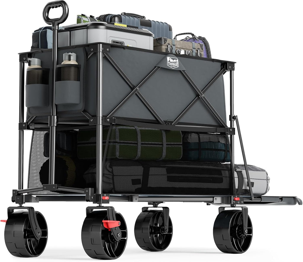 TIMBER RIDGE 400L Large Capacity Folding Double Decker Wagon with Brakes, 54' Extra Long Extender Wagon Cart, 450lbs Heavy Duty Collapsible Cart, All-Terrain Big Wheels for Camping, Sports, Shopping