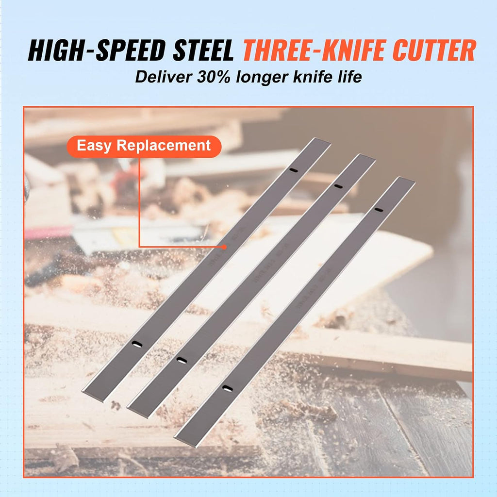 VEVOR Power Benchtop Planers, Three-Blade, Two Speed, 13' Width Worktable Thickness Planer with Extended Infeeding Table, Low Noise for both hard & soft wood material removal