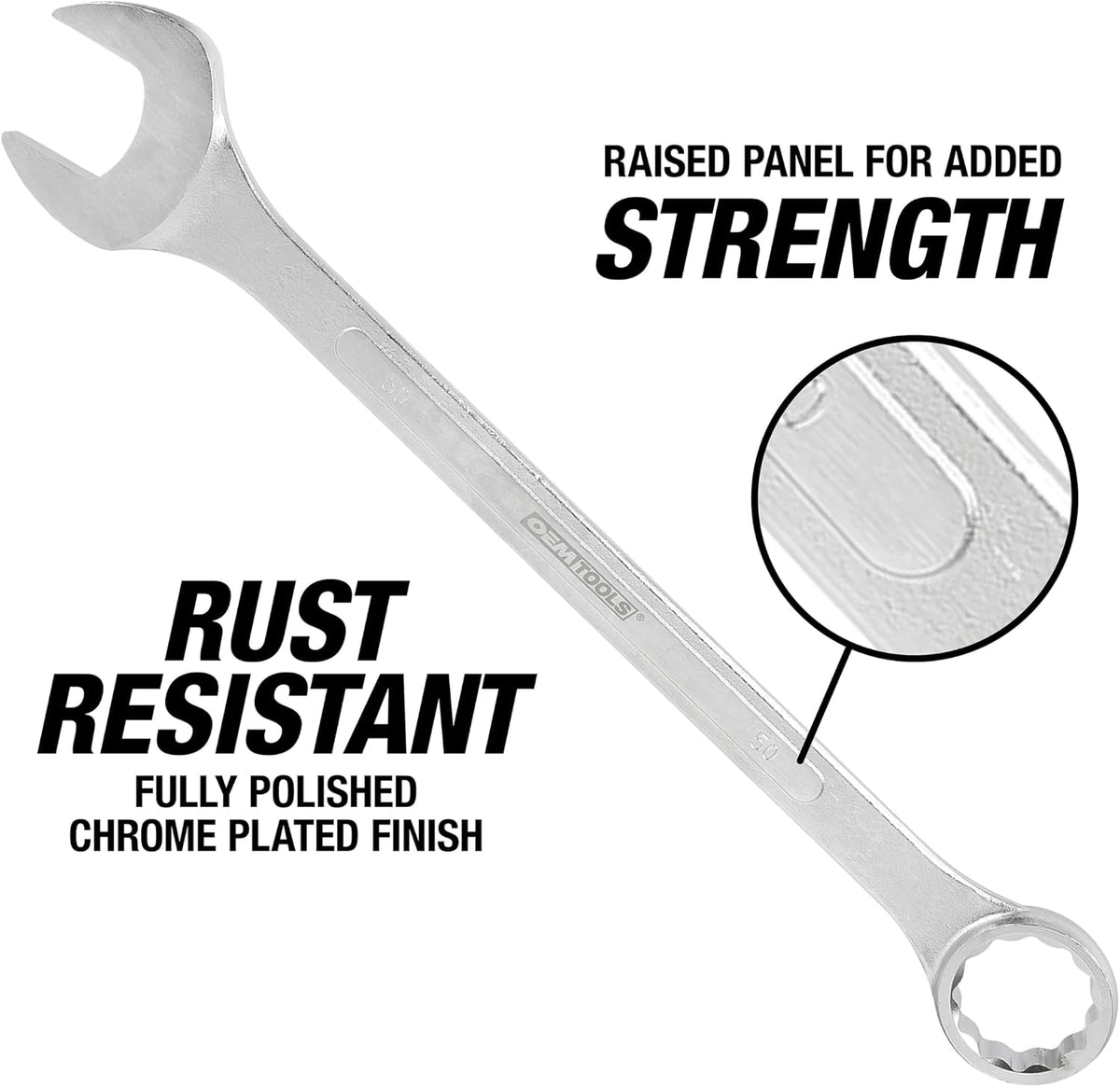 OEMTOOLS 22121 8-PC Metric Jumbo Combination Wrench Set, 33mm-50mm, 12 Pt. Box End Metric Wrench Set, 15° Offset Wrenches, Chrome Plated Finish with Wrench Roll