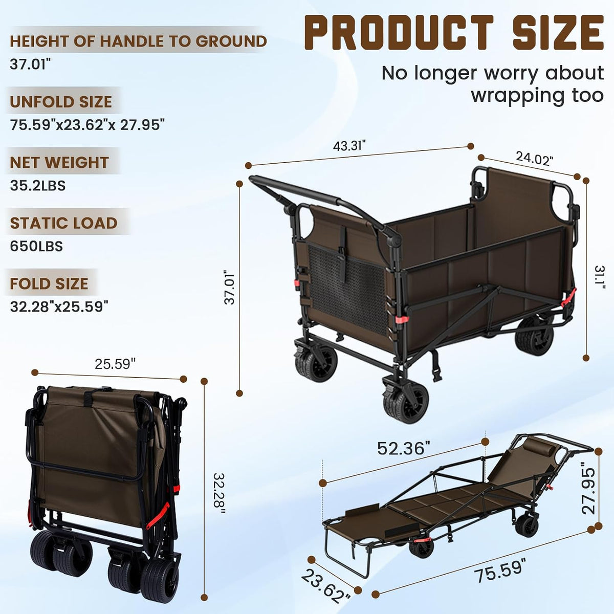 LEVELEVE Heavy Duty Folding Wagon - 2-in-1 Collapsible Cart, 650lb Capacity, All-Terrain Wheels w/Brakes & Side Pockets (Brown)
