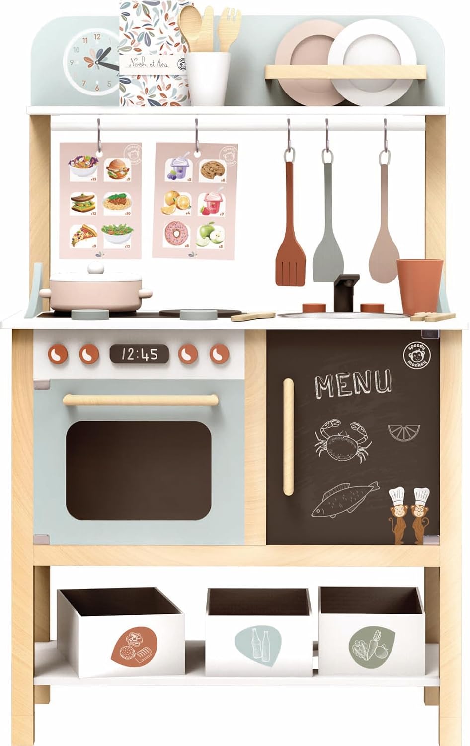 SPEEDY MONKEY Wooden Play Kitchen Set for Pretend Play | 20-Piece Kids Cooking Set with Wooden Food & Cookware Accessories | Supports Imaginative Play & Social Skill Development for Kids Ages 3+