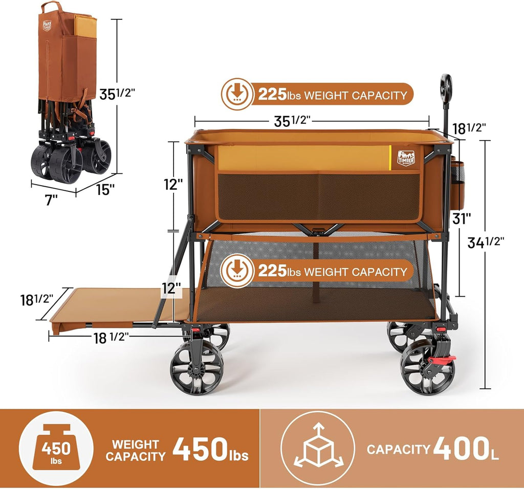 TIMBER RIDGE 400L Large Capacity Folding Double Decker Wagon with Brakes, 54' Extra Long Extender Wagon Cart, 450lbs Heavy Duty Collapsible Cart, All-Terrain Big Wheels for Camping, Sports, Shopping