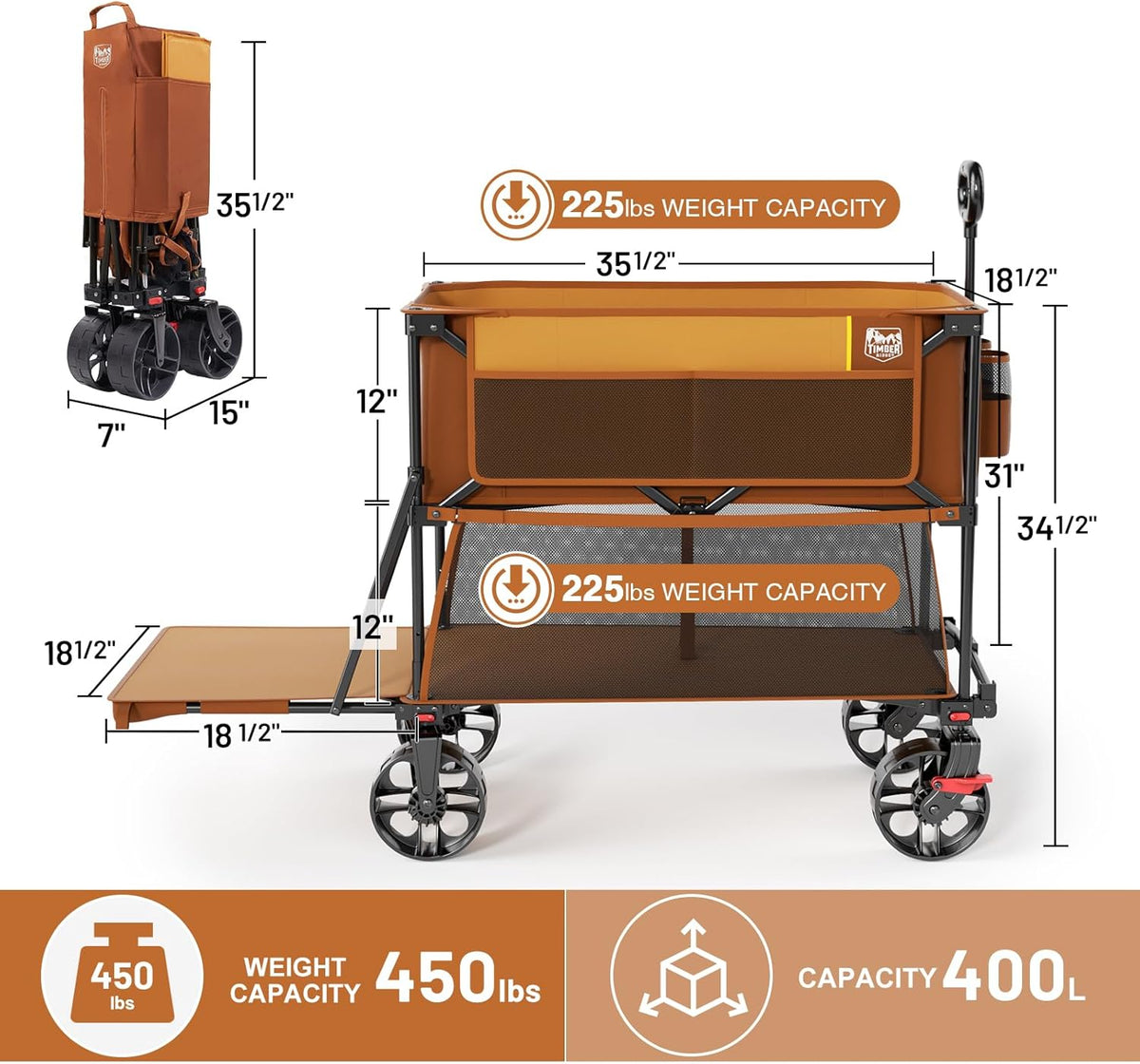 TIMBER RIDGE 400L Large Capacity Folding Double Decker Wagon with Brakes, 54' Extra Long Extender Wagon Cart, 450lbs Heavy Duty Collapsible Cart, All-Terrain Big Wheels for Camping, Sports, Shopping