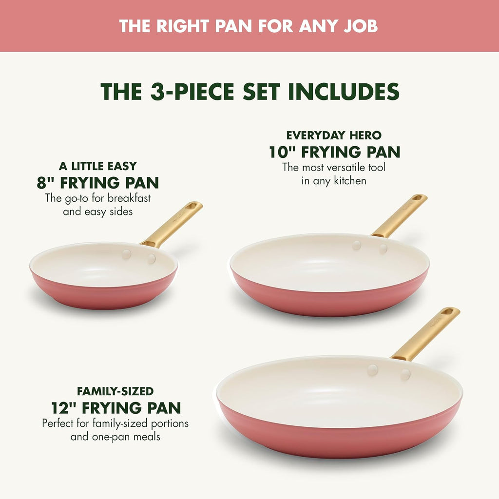 GreenPan 8' 10' & 12' 3 Piece Frying Pan Skillet Set, Healthy Ceramic Nonstick PFAS-Free Cookware, Hard Anodized Aluminum, Gold-Tone Stainless Steel Handles, Dishwasher and Oven Safe, Coral