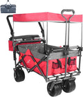 Collapsible Wagon Cart with Removable Canopy, Heavy Duty Foldable Wagon with 4' Large All Terrain Wheels, Brake, Cooler Bag, Adjustable Handles for Garden Beach Sports (Red)