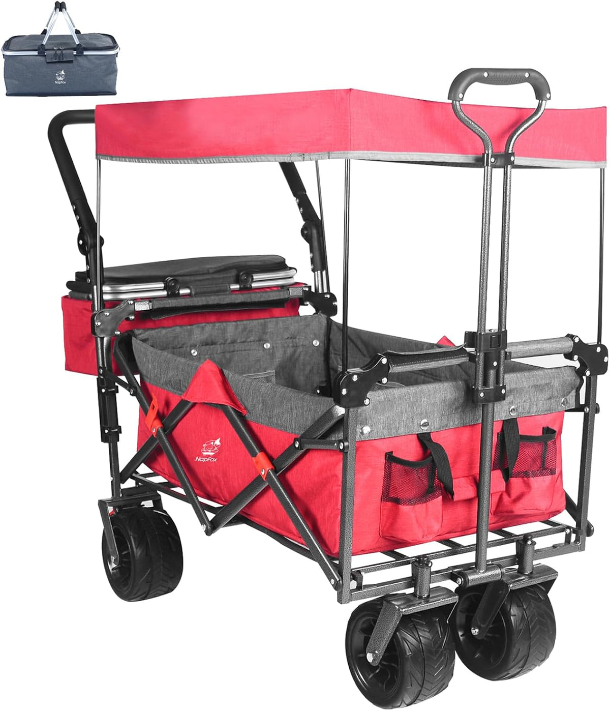 Collapsible Wagon Cart with Removable Canopy, Heavy Duty Foldable Wagon with 4' Large All Terrain Wheels, Brake, Cooler Bag, Adjustable Handles for Garden Beach Sports (Red)