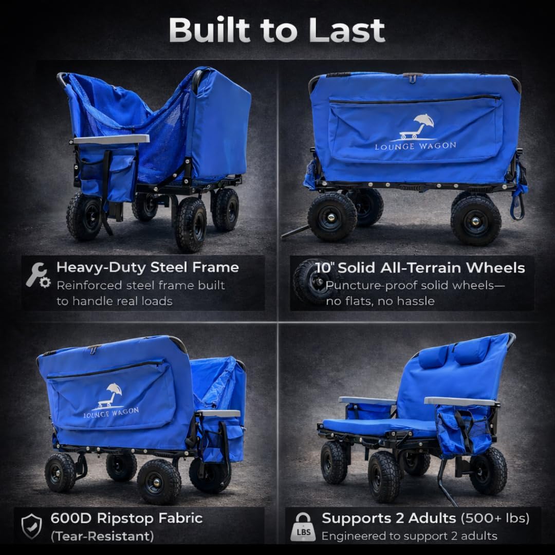 Lounge Wagon Patented 3-in-1 Wagon with Seats & Shade for Sports Families – Converts from Utility Wagon to 2-Person Chair – Beach, Soccer, Baseball & Camping (Umbrella Sold Separately)