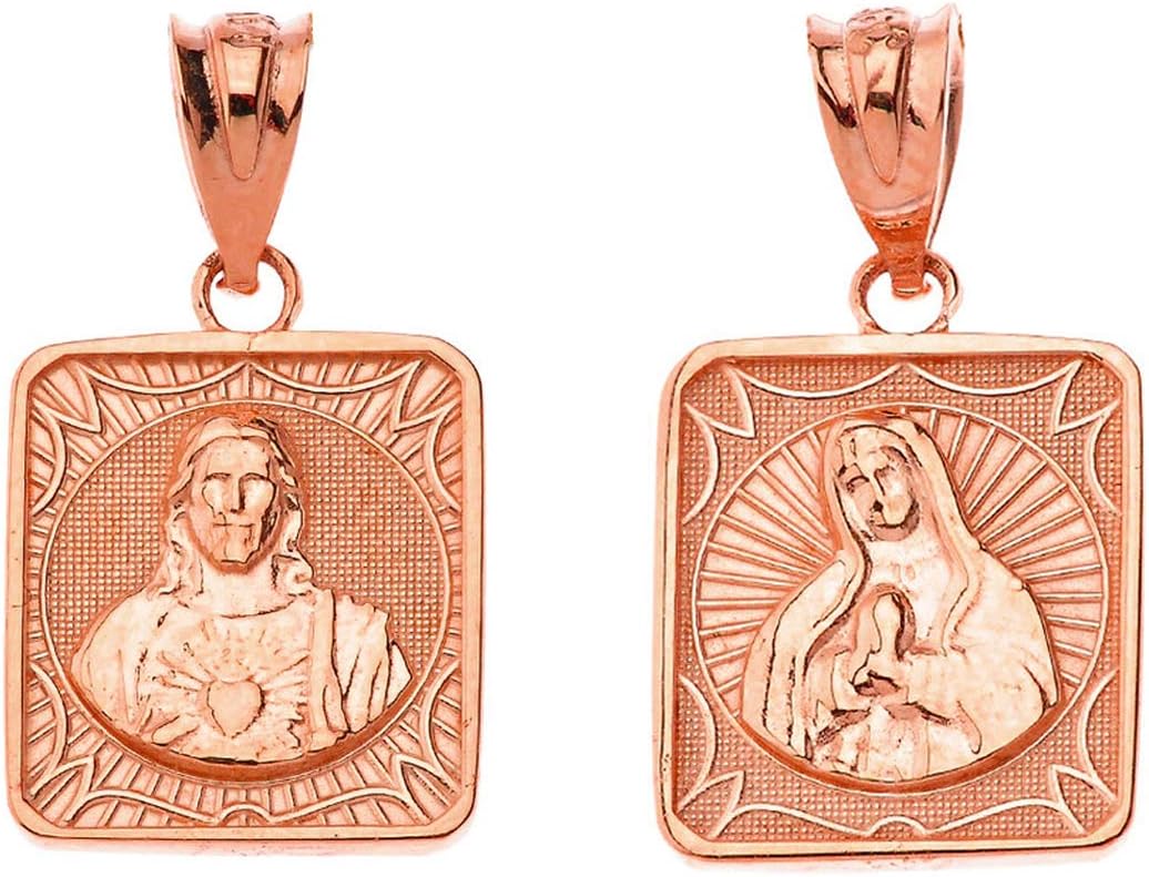 Certified 10k Gold Immaculate Heart of Mary/Sacred Heart of Jesus 0.87' Square Medal Reversible Necklace