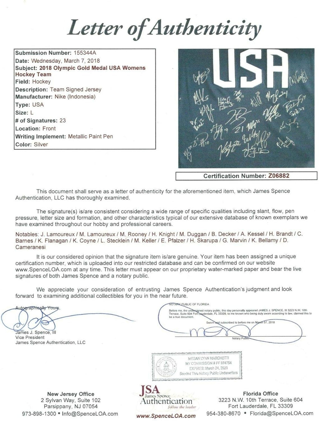 2018 USA Womens Gold Medal Olympic Hockey Team Signed Jersey JSA LOA