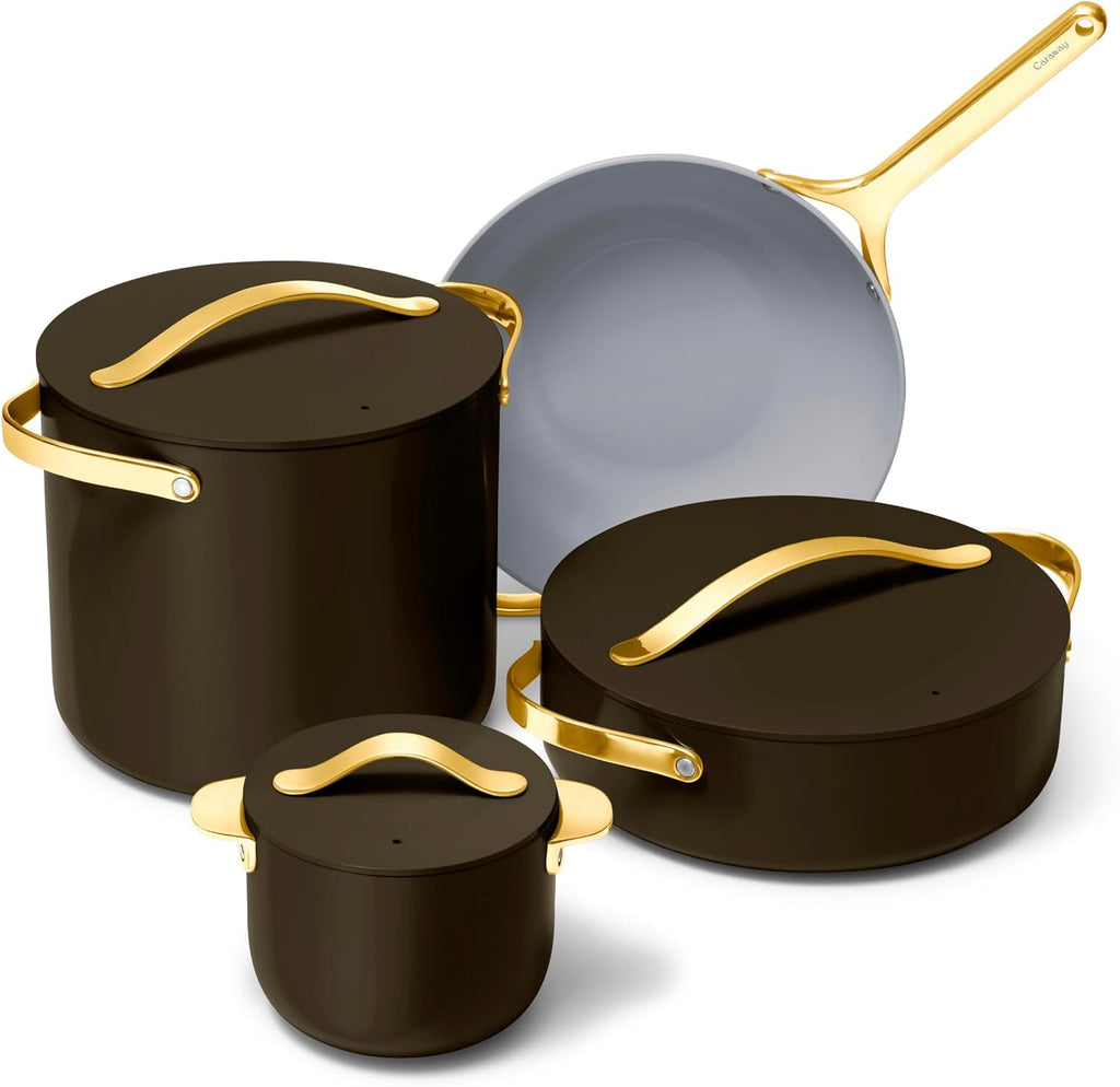 Caraway Cookware+ Collection - Specialty Cookware Set - Petite Cooker, Stir Fry Pan, Rondeau, & Stock Pot - 3 Lids & Storage Organizer Included - Black