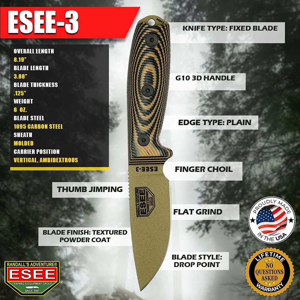 ESEE-3 1095 Carbon Steel, Black Sheath (Dark Earth Blade, Coyote/Black G-10 3D Handle)
