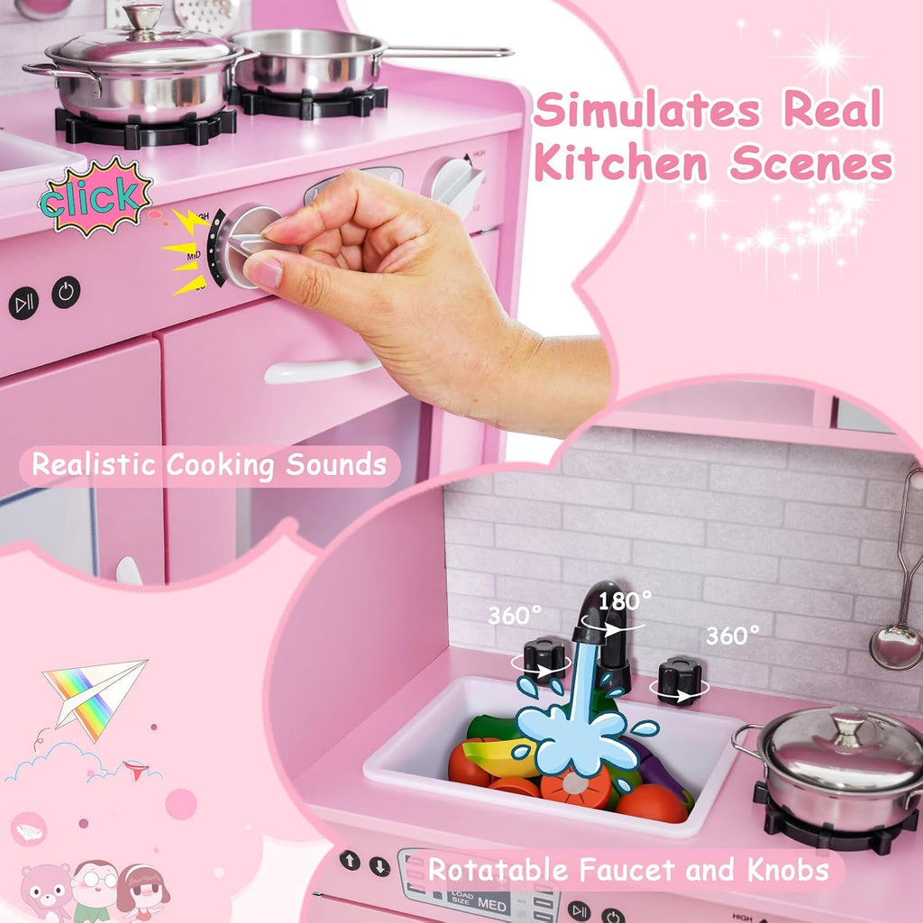 MAT EXPERT Kids Kitchen Playset, Wooden Chef Pretend Toy Kitchen w/Chalkboard, Ice Maker, Cookware Accessories, Telephone, Oven, Microwave, Play Kitchen for Toddlers, Gift for Boys Girls 3+ (Pink)