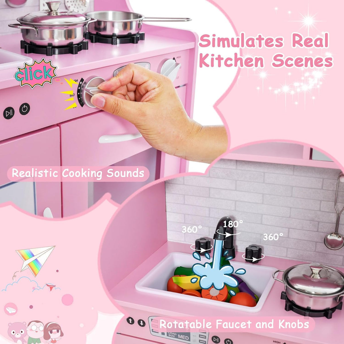 MAT EXPERT Kids Kitchen Playset, Wooden Chef Pretend Toy Kitchen w/Chalkboard, Ice Maker, Cookware Accessories, Telephone, Oven, Microwave, Play Kitchen for Toddlers, Gift for Boys Girls 3+ (Pink)