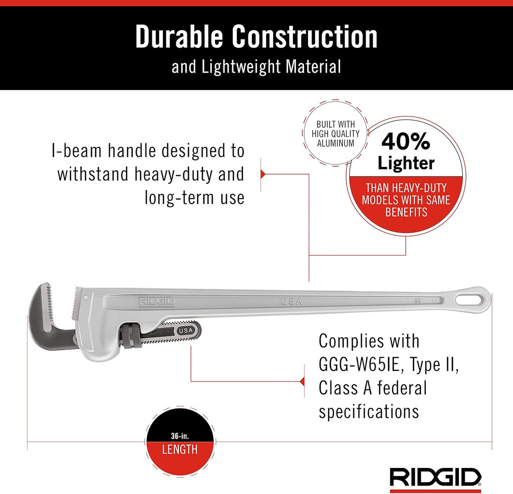 RIDGID 31110 Model 836 36' Aluminum Straight Pipe Wrench with 5' Pipe Capacity, 40% Lighter Aluminum Straight Plumbing Wrench with I-Beam Handle