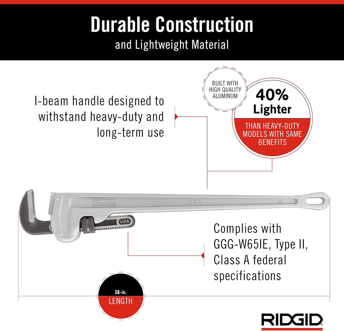 RIDGID 31110 Model 836 36' Aluminum Straight Pipe Wrench with 5' Pipe Capacity, 40% Lighter Aluminum Straight Plumbing Wrench with I-Beam Handle