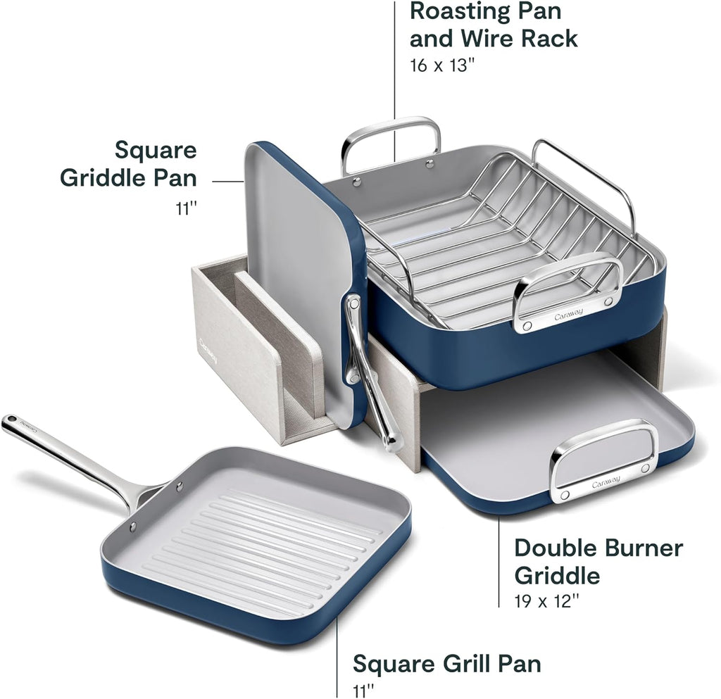 Caraway Square Cookware Set - Square Pans Set - Perfect for Griddling, Toasting, Searing, Roasting, and More - Non-Stick Ceramic Coated Pans - Non Toxic, PTFE & PFOA Free - Navy