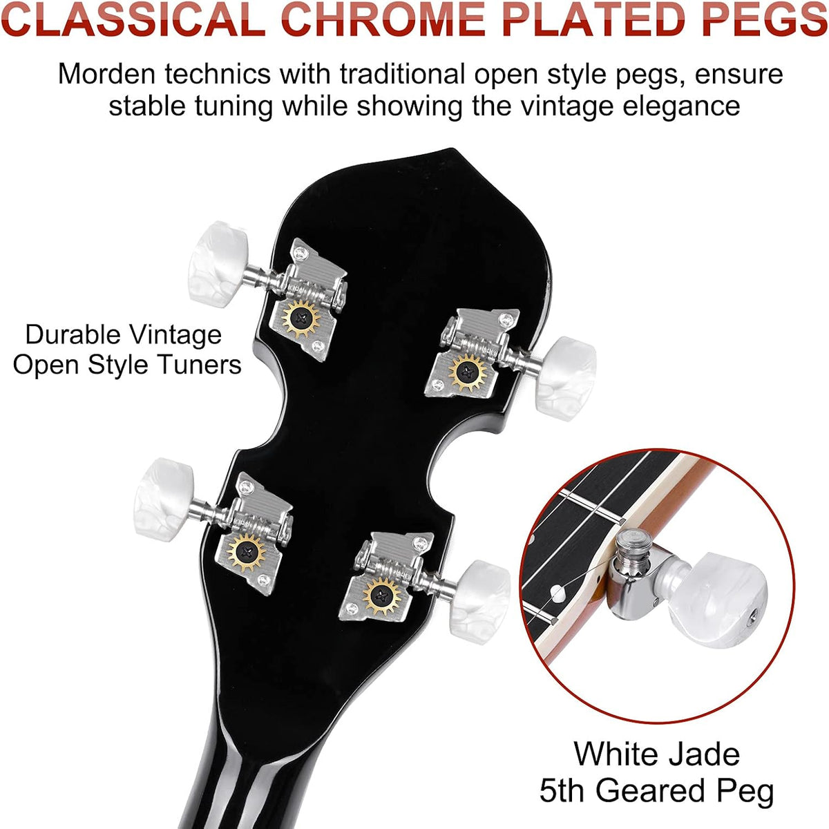 Vangoa LEFT-HANDED Banjo 5 String Mahogany Open Back Banjo with Resonator, Remo Drum Head, Geared 5th String Beginner Kit with Manual, Full Size