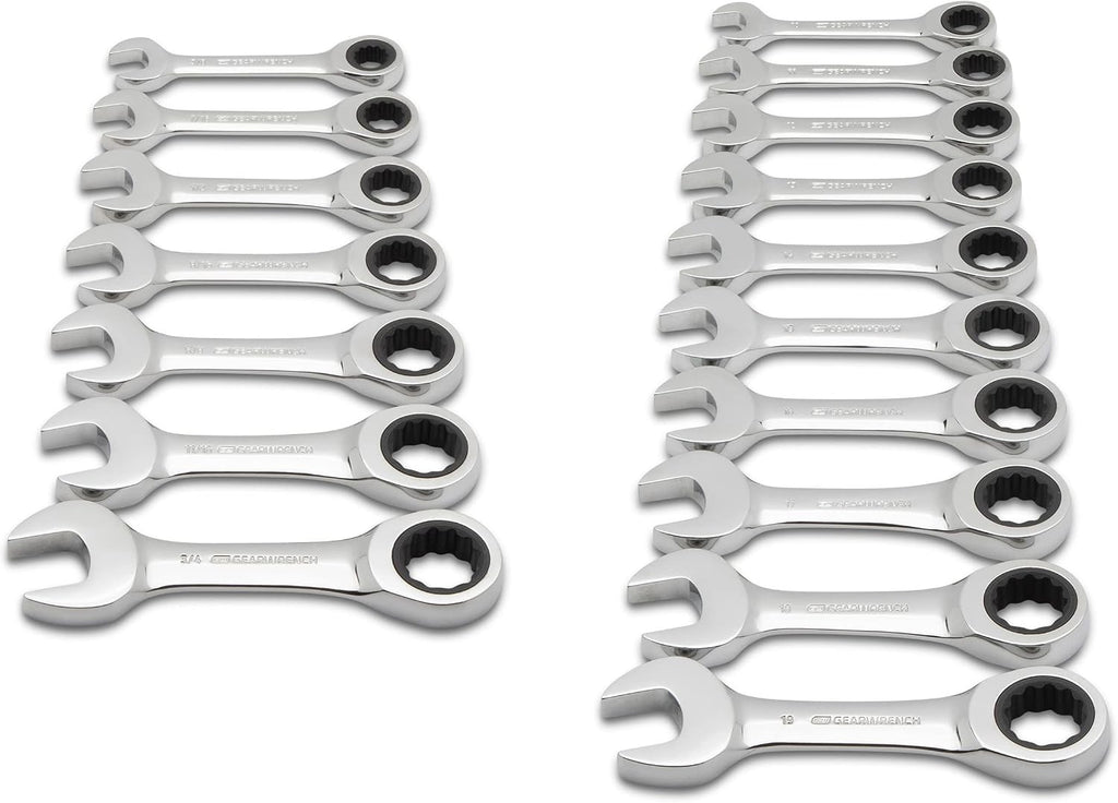 GEARWRENCH 7 Pc. SAE and 10 Pc. Metric 12 Pt. Stubby Ratcheting Combination Wrench Sets - 9507D and 9520D