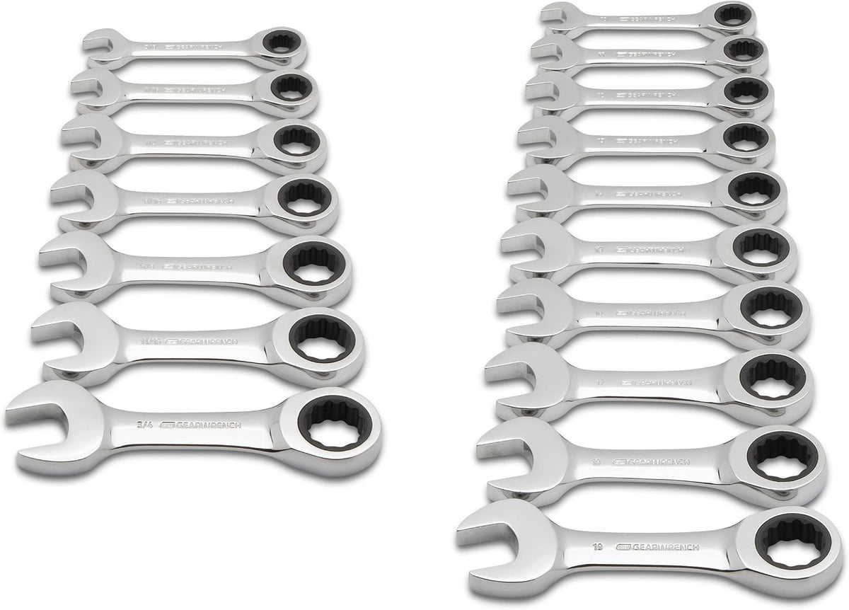 GEARWRENCH 7 Pc. SAE and 10 Pc. Metric 12 Pt. Stubby Ratcheting Combination Wrench Sets - 9507D and 9520D