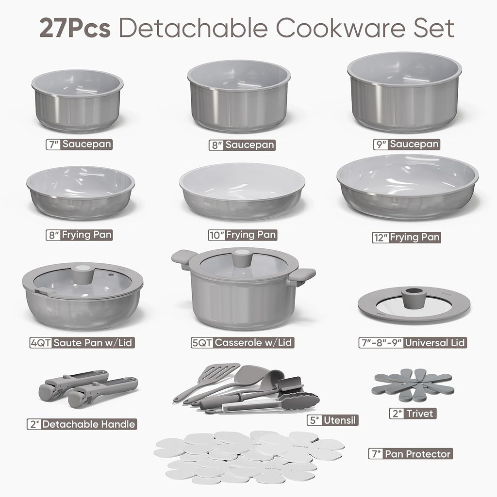 CAROTE 27pcs Ceramic Cookware Set Nonstick, Pots and Pans Set Non Stick, Non Toxic Cookware Detachable Handles, Dishwasher/Oven Safe, RV/Camping Cookware with Kitchen Utensils, Gray