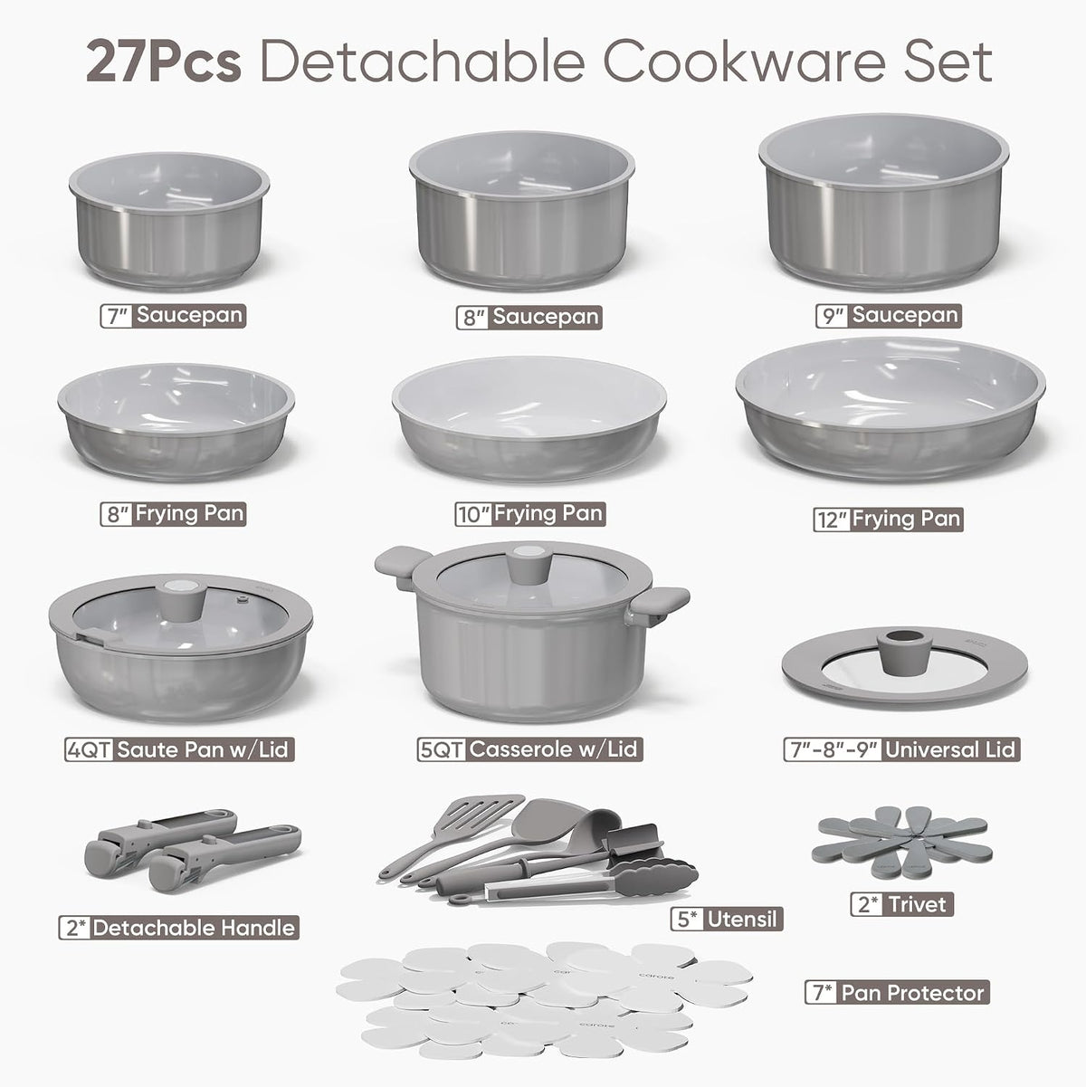 CAROTE 27pcs Ceramic Cookware Set Nonstick, Pots and Pans Set Non Stick, Non Toxic Cookware Detachable Handles, Dishwasher/Oven Safe, RV/Camping Cookware with Kitchen Utensils, Gray