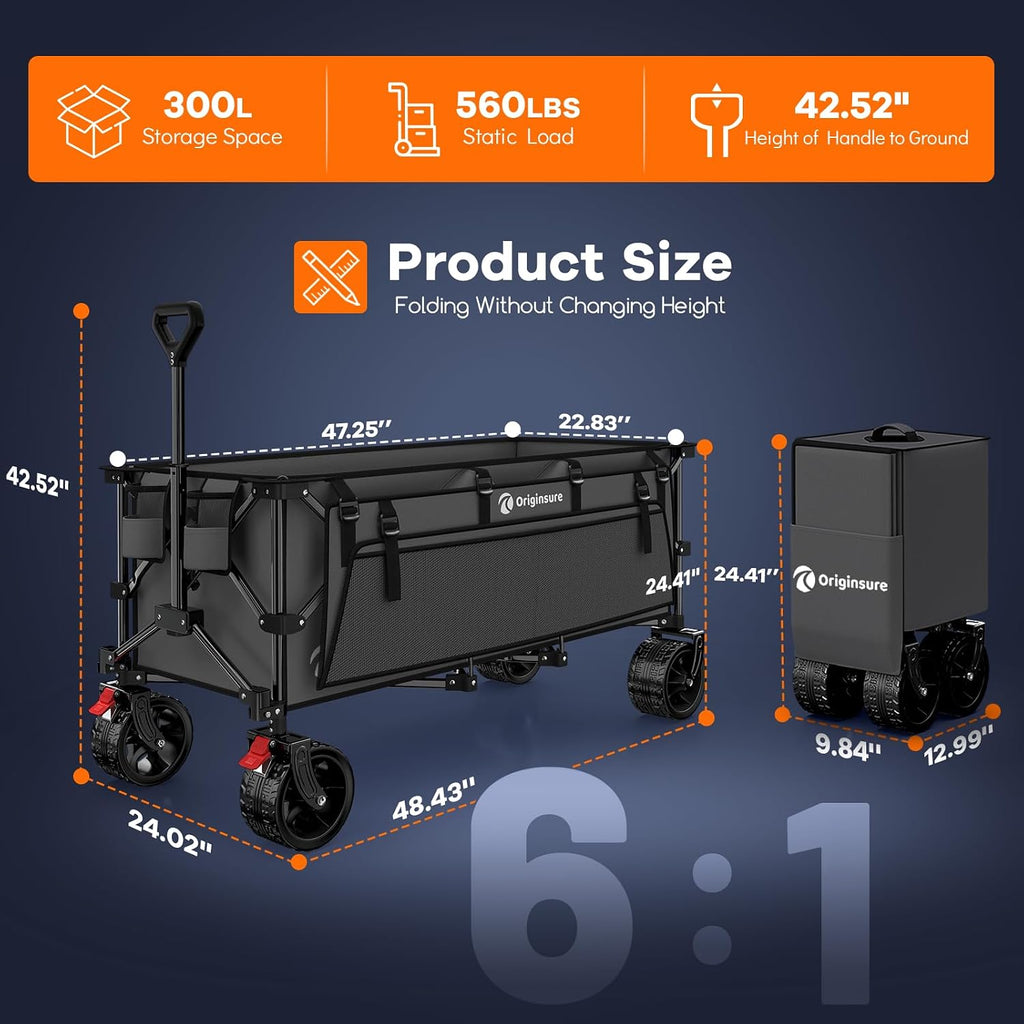 48' L Folding Beach Wagon Cart Foldable, 560lbs Weight Capacity 300L Heavy Duty Collapsible Wagons with Big All-Terrain Wheels, Utility Carts for Groceries, Shopping, Camping, Sports - Grey