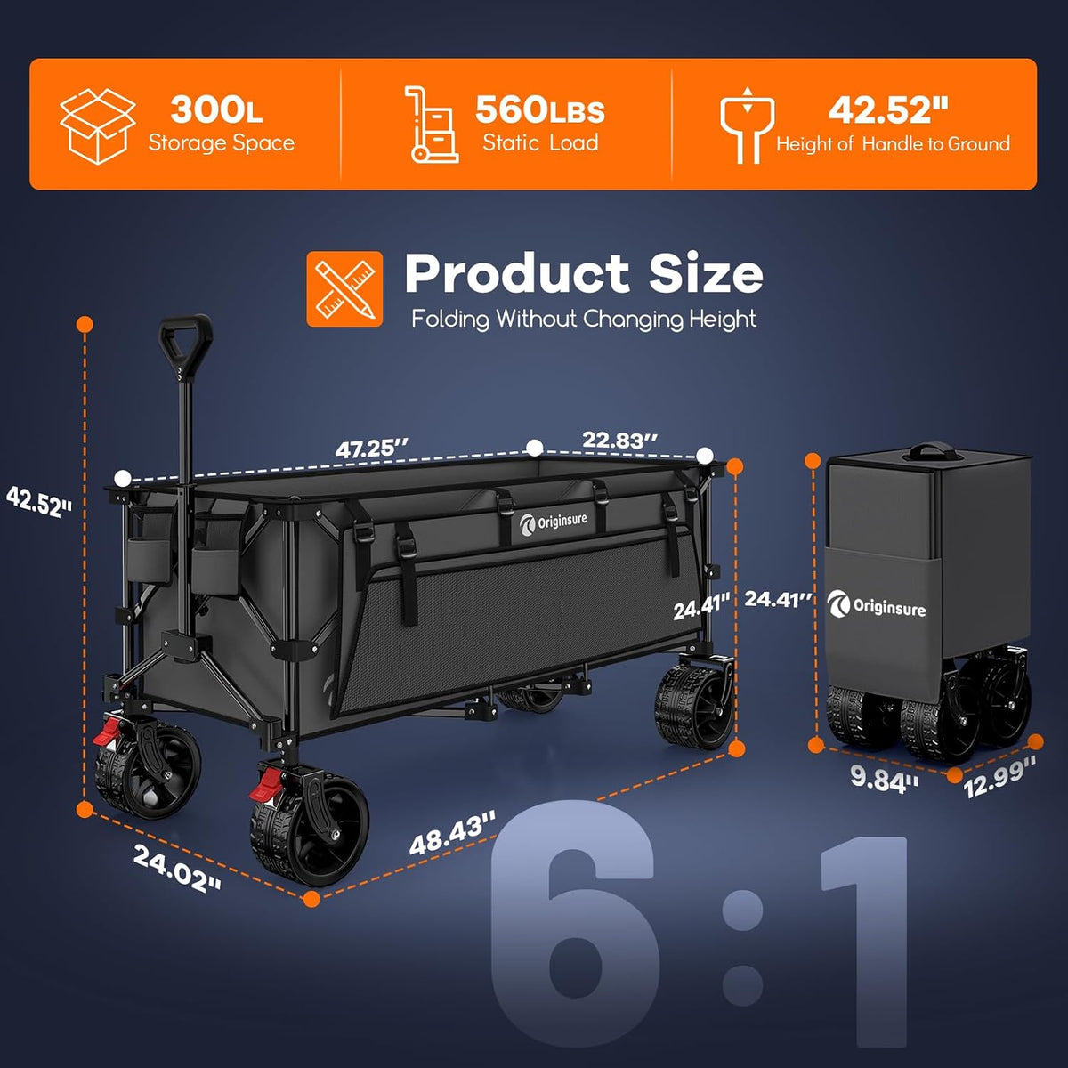 48' L Folding Beach Wagon Cart Foldable, 560lbs Weight Capacity 300L Heavy Duty Collapsible Wagons with Big All-Terrain Wheels, Utility Carts for Groceries, Shopping, Camping, Sports - Grey