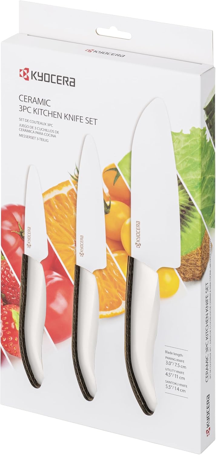 Kyocera 3Piece Advanced ceramic Revolution Series Knife Set, White, Blade Sizes: 5.5', 4.5', 3'
