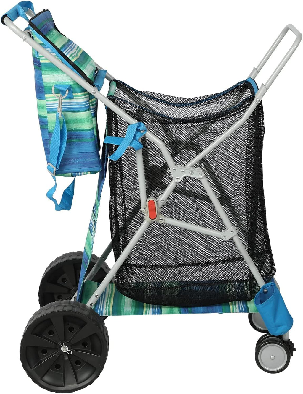 Old Bahama Bay Beach Cart with Big Wheels for Sand, Folding All Terrain Wheels Beach Wagon with Cooler Bag Umbrella Holder, Big Mesh Storage Capacity for Outdoor Camping, Supports 100lbs, Blue/Green