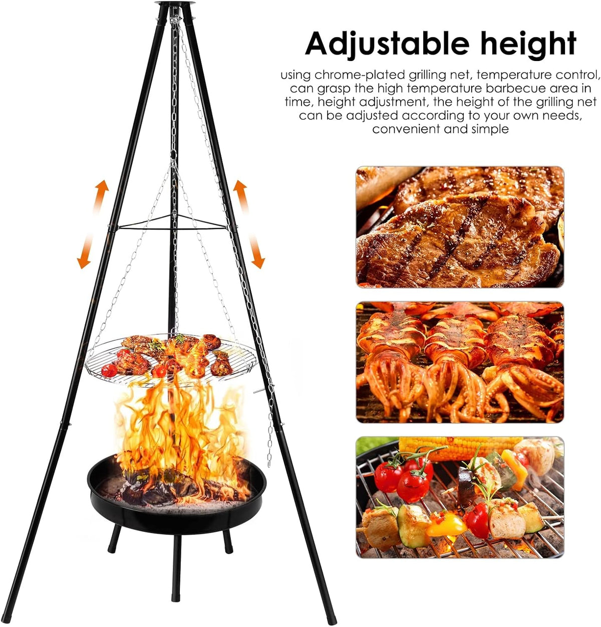 LDIW Camping Tripod Grilling Set with Black Fire Pit, Cooking Grill with Adjustable Hang Chain for Outdoor Picnic Camping Cookware Accessory