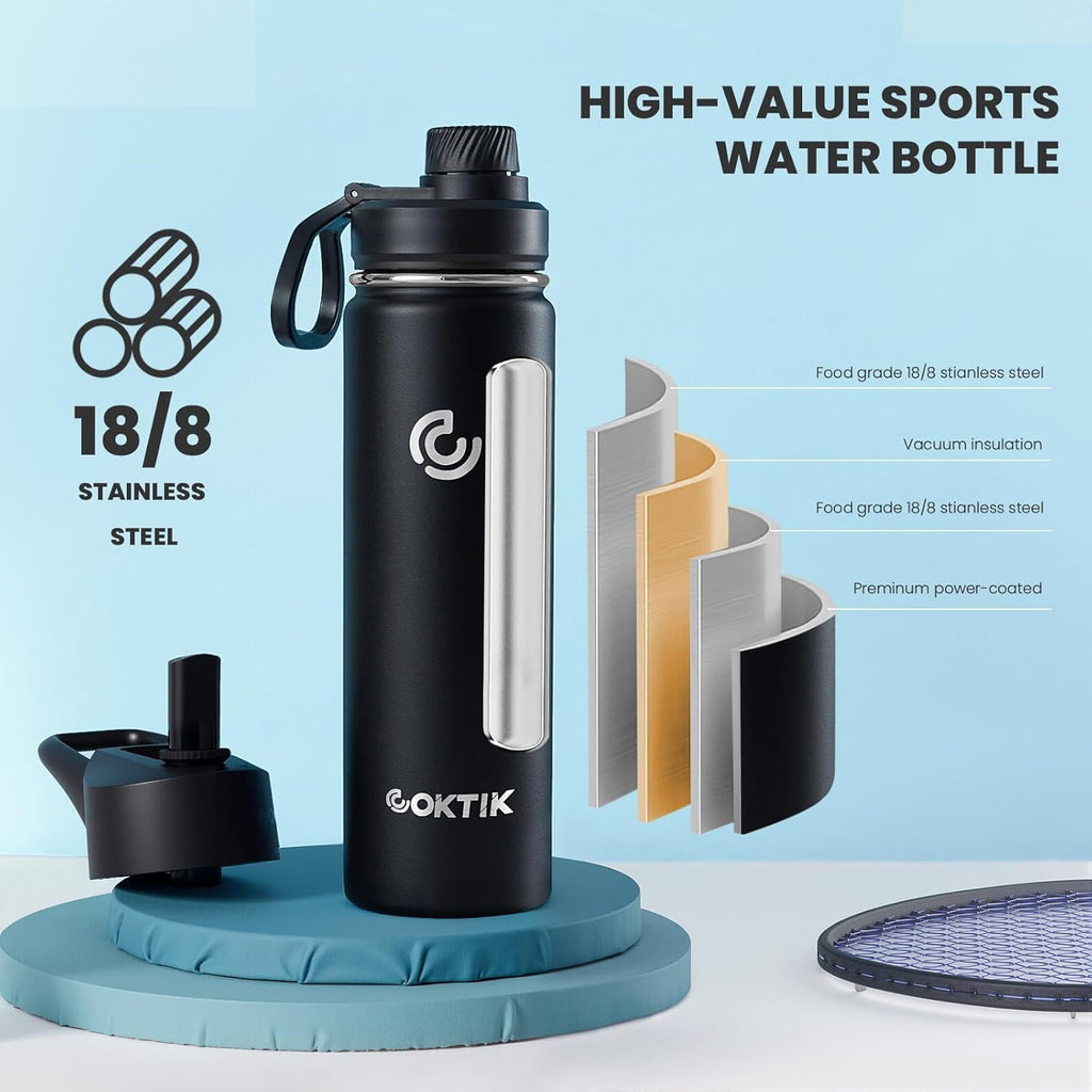 40 Pack 22 oz Sports Water Bottle With Straw,2 Lids, Stainless Steel Vacuum Insulated Water Bottles,Leakproof Lightweight, Keeps Cold and Hot, Great for Travel(Black)