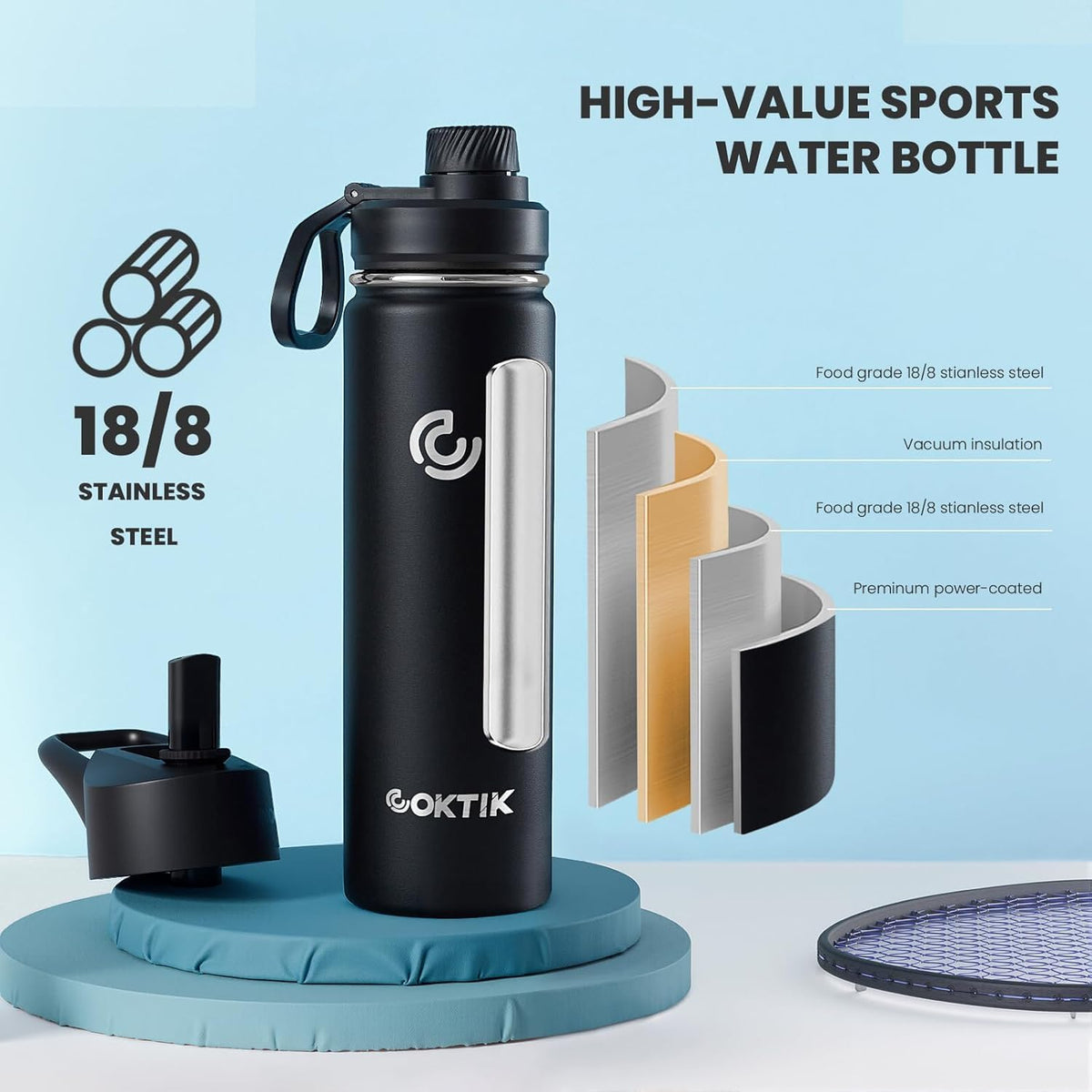 40 Pack 22 oz Sports Water Bottle With Straw,2 Lids, Stainless Steel Vacuum Insulated Water Bottles,Leakproof Lightweight, Keeps Cold and Hot, Great for Travel(Black)