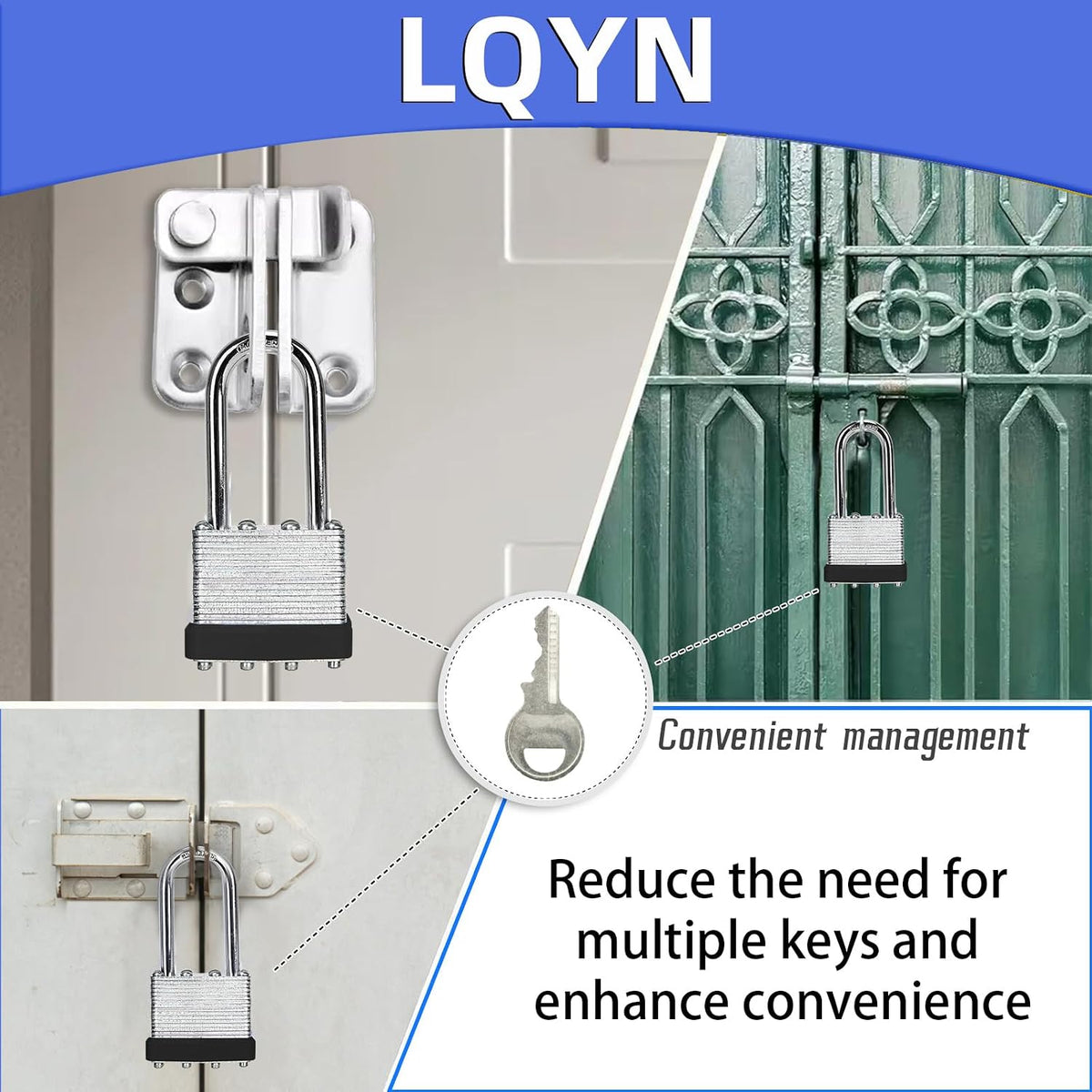 Padlocks with Same Key, LQYN 60 Pcs Laminated Keyed Padlock (1-9/16', 40mm), Keyed Alike Locks, Long Shackle, for Storage Locker, Hasp Latch, Toolbox, Sheds