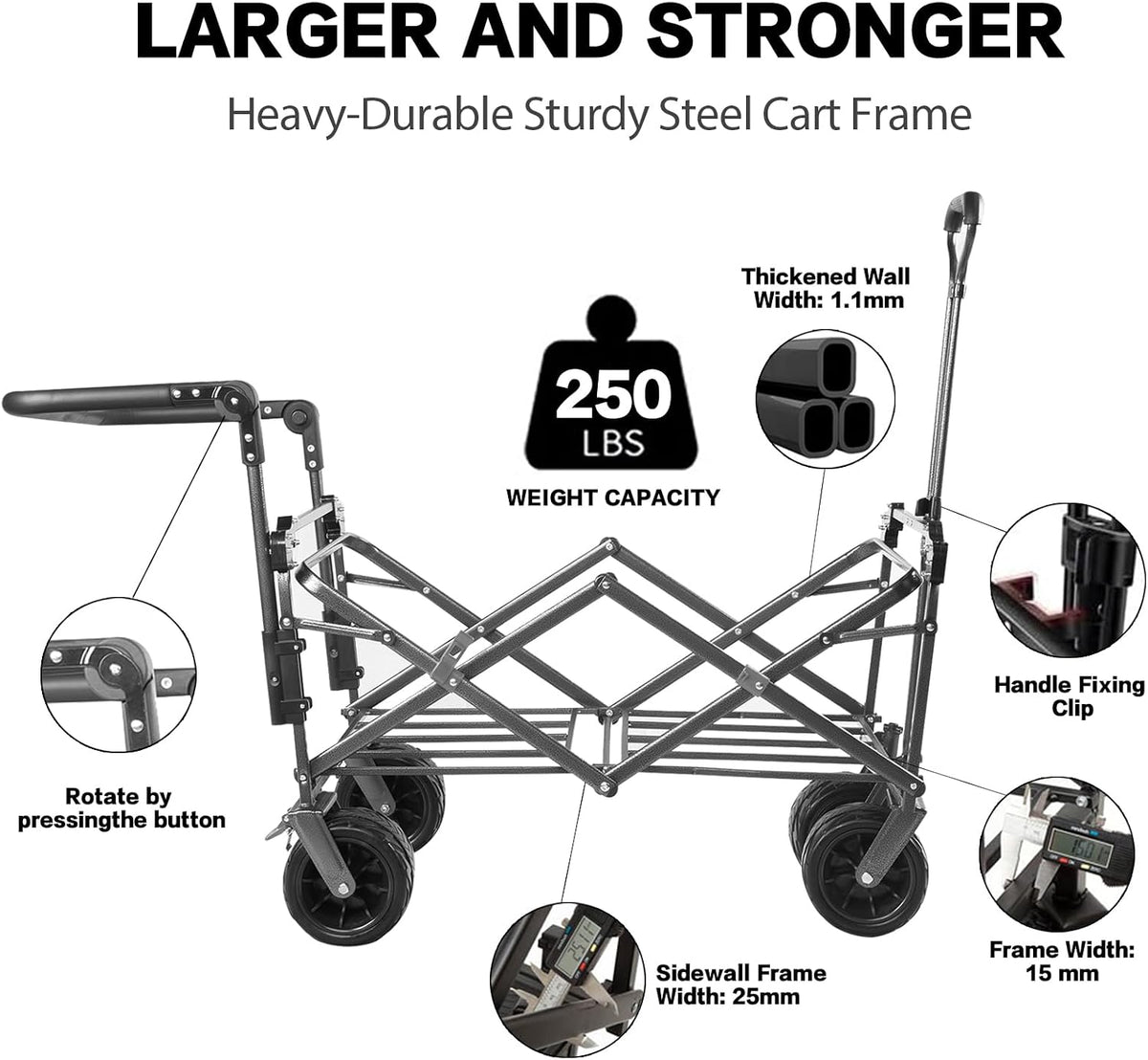 Collapsible Wagon Heavy Duty Folding Wagon Cart with Removable Canopy, 4' Wide Large All Terrain Wheels, Brake, Adjustable Handles,Cooler Bag Utility Carts for Outdoor Garden Wagons Carts Beach Cart