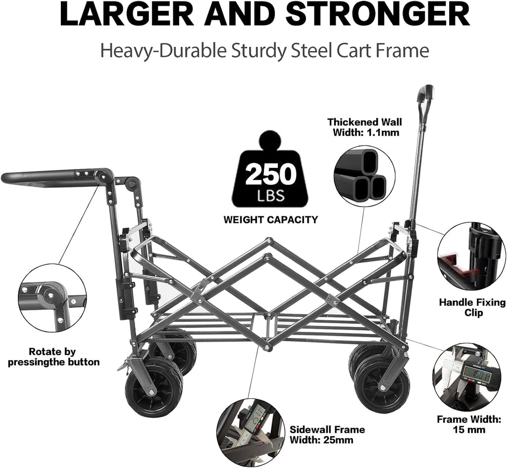 Collapsible Wagon Heavy Duty Folding Wagon Cart with Removable Canopy, 4' Wide Large All Terrain Wheels, Brake, Adjustable Handles,Cooler Bag Utility Carts for Outdoor Garden Wagons Carts Beach Cart