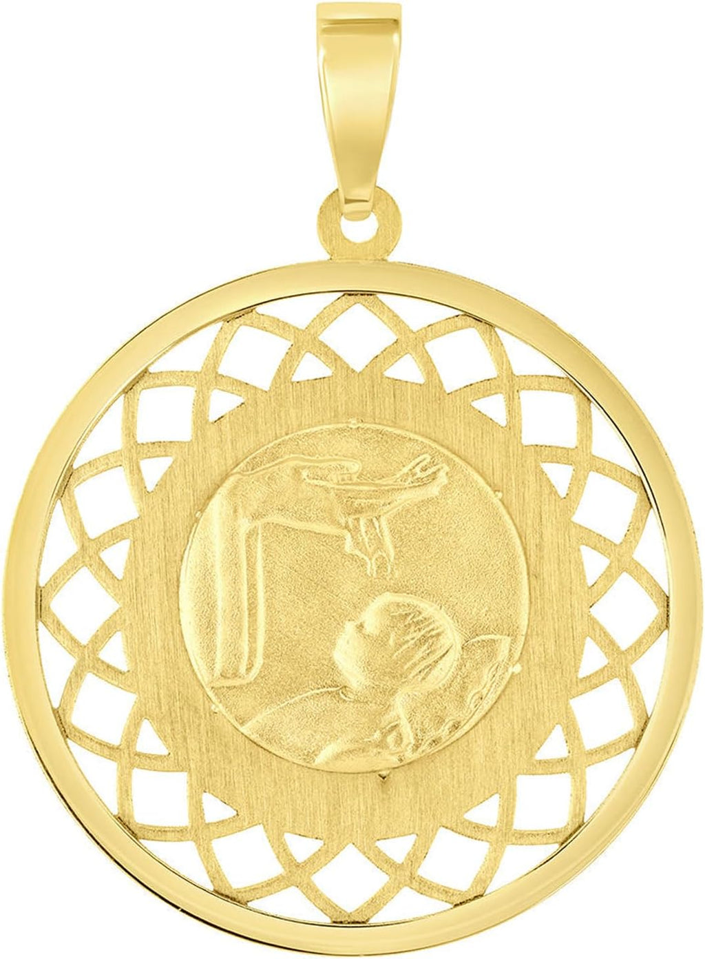 Jewelry America 14k Yellow Gold Religious Baptism Christening On Round Open Ornate Medal Pendant with Cuban Chain Curb Necklace