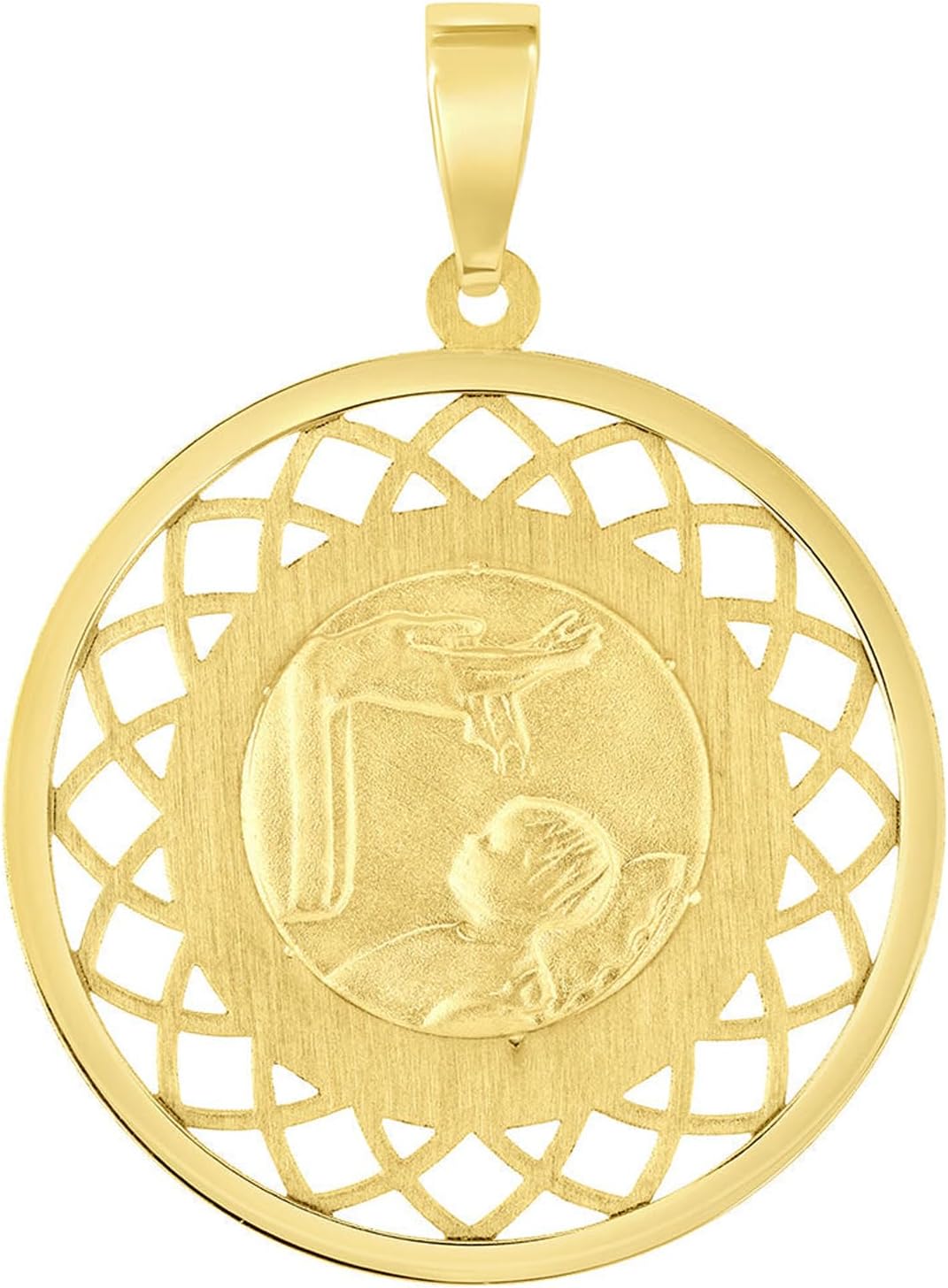 Jewelry America 14k Yellow Gold Religious Baptism Christening On Round Open Ornate Medal Pendant with Cuban Chain Curb Necklace