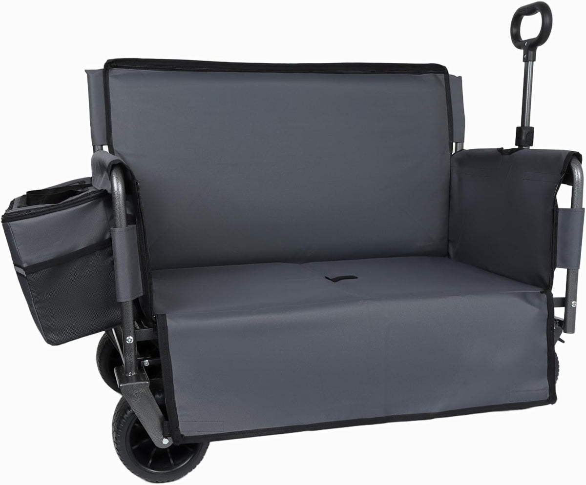 3-in-1 Convertible Folding Wagon Cart with Bench Seat & Storage - Includes 1 ice Pack, 500lbs Heavy-Duty Utility Wagon, All-Terrain Wheels for Camping, Beach, Sports, Garden (Gray)