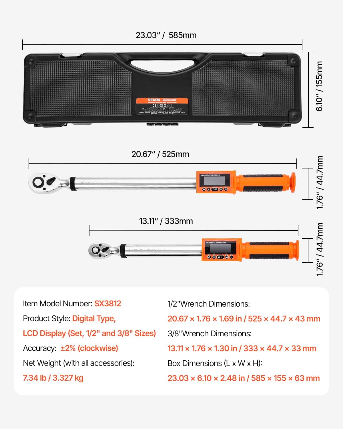 VEVOR Digital Torque Wrench 3/8 1/2 Inch Drive, 0-44.25FT.LB(0-60Nm)/0-162.26FT.LB(0-220Nm) ±2% Accuracy, Electronic Torque Wrench with Preset Mode,Vibration,Buzzer,LED Notification,5Units of Measure