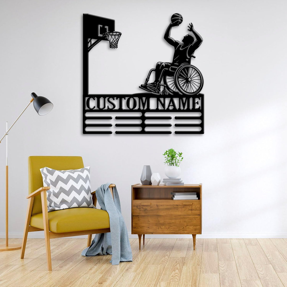 Custom Wheelchair Basketball Medal Holder LED Light, Wheelchair Basketball Player Name Medal Hanger Display, Rack For Tiered Award Ribbon, Metal Sign Gift For Athlete