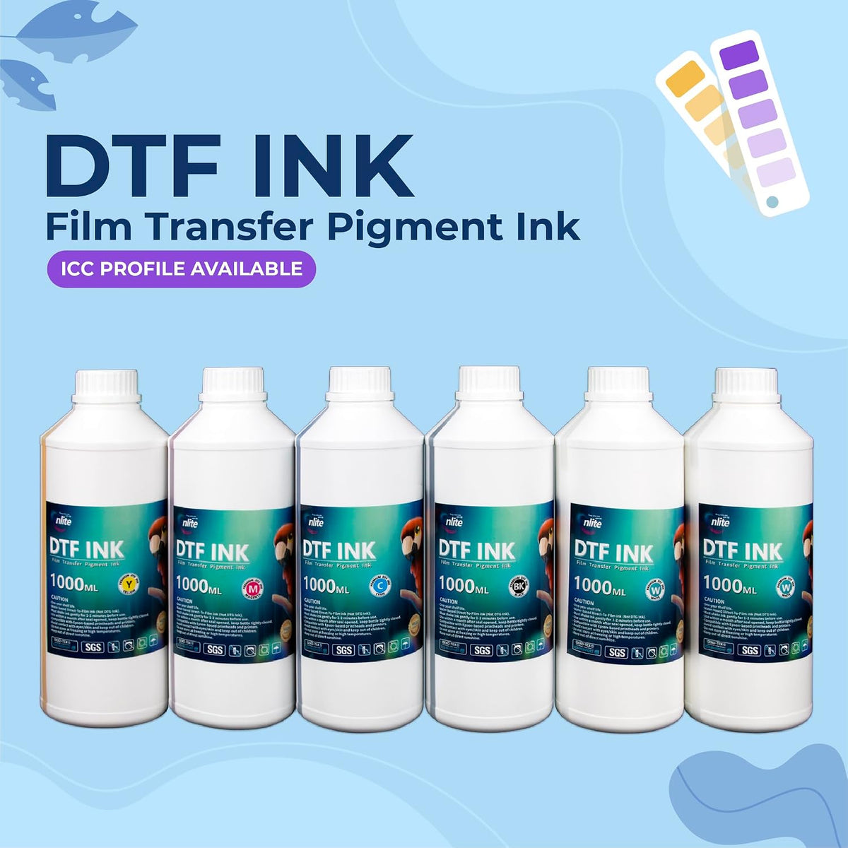 Enlite Premium DTF Ink 1000ML Value Pack, Water-Base Digital Inkjet Ink Refill for Direct to Film Printers with Printhead L1800 L805 R1390 4720 I3200 XP600 DX7 DX5 5113, 6-Pack（2W-1BK-1C-1M-1Y）