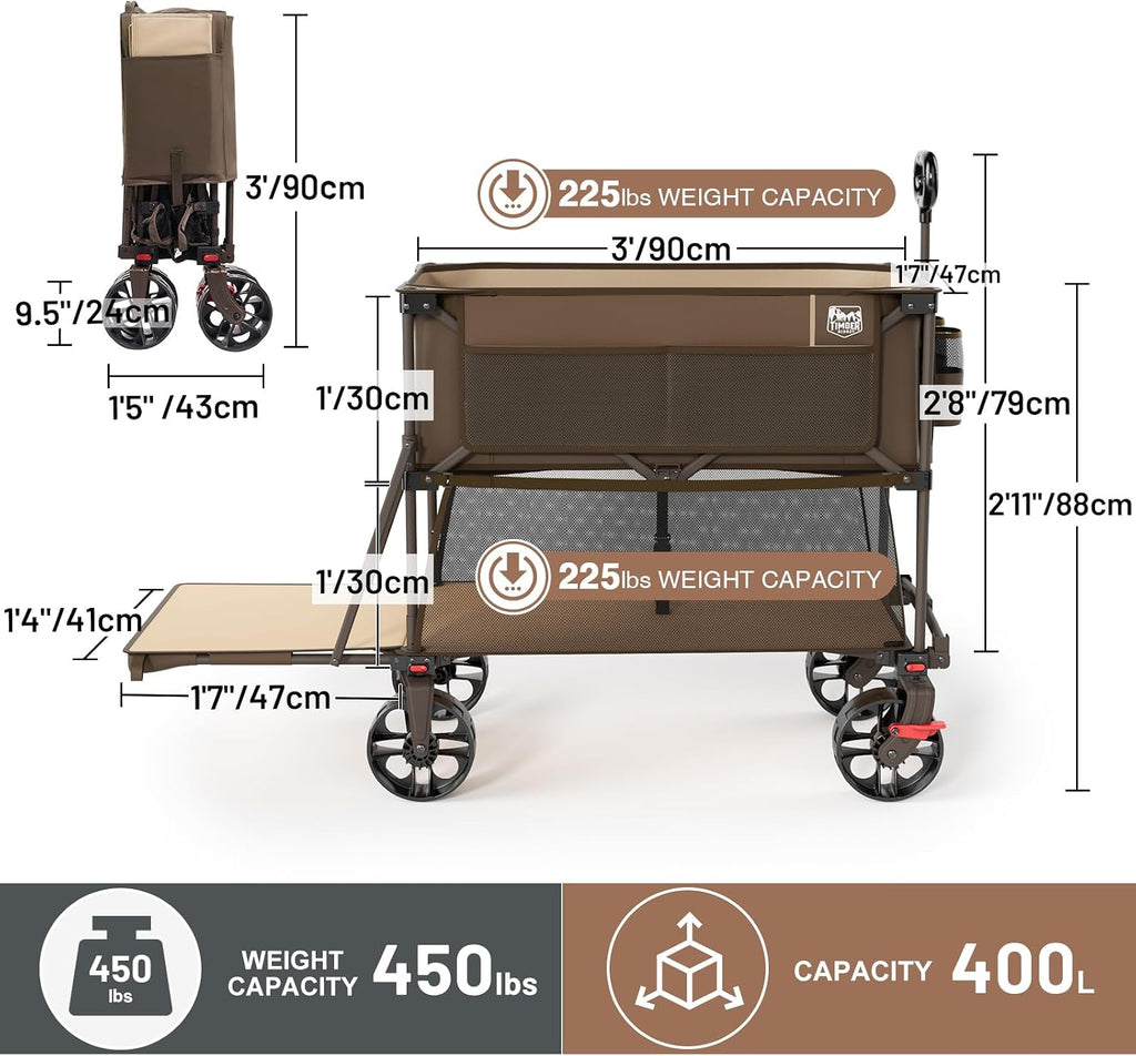 TIMBER RIDGE 400L Large Capacity Folding Double Decker Wagon with Brakes, 54' Extra Long Extender Wagon Cart, 450lbs Heavy Duty Collapsible Cart, All-Terrain Big Wheels for Camping, Sports, Shopping