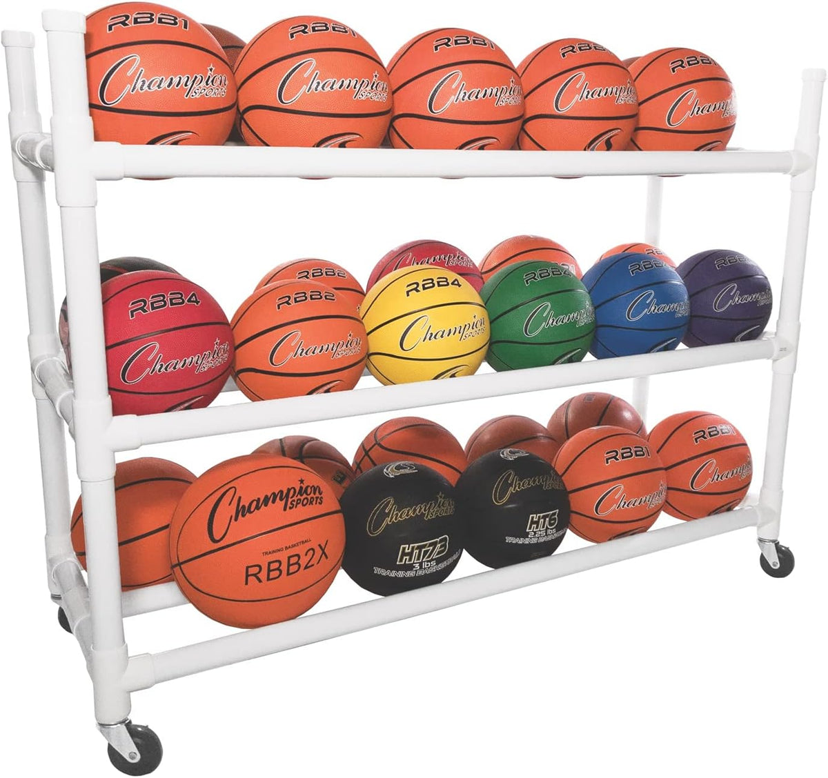 Champion Sports Three Tier Basketball Storage Cart with Locking Swivel Caster Wheels, 30 Ball Capacity (White)