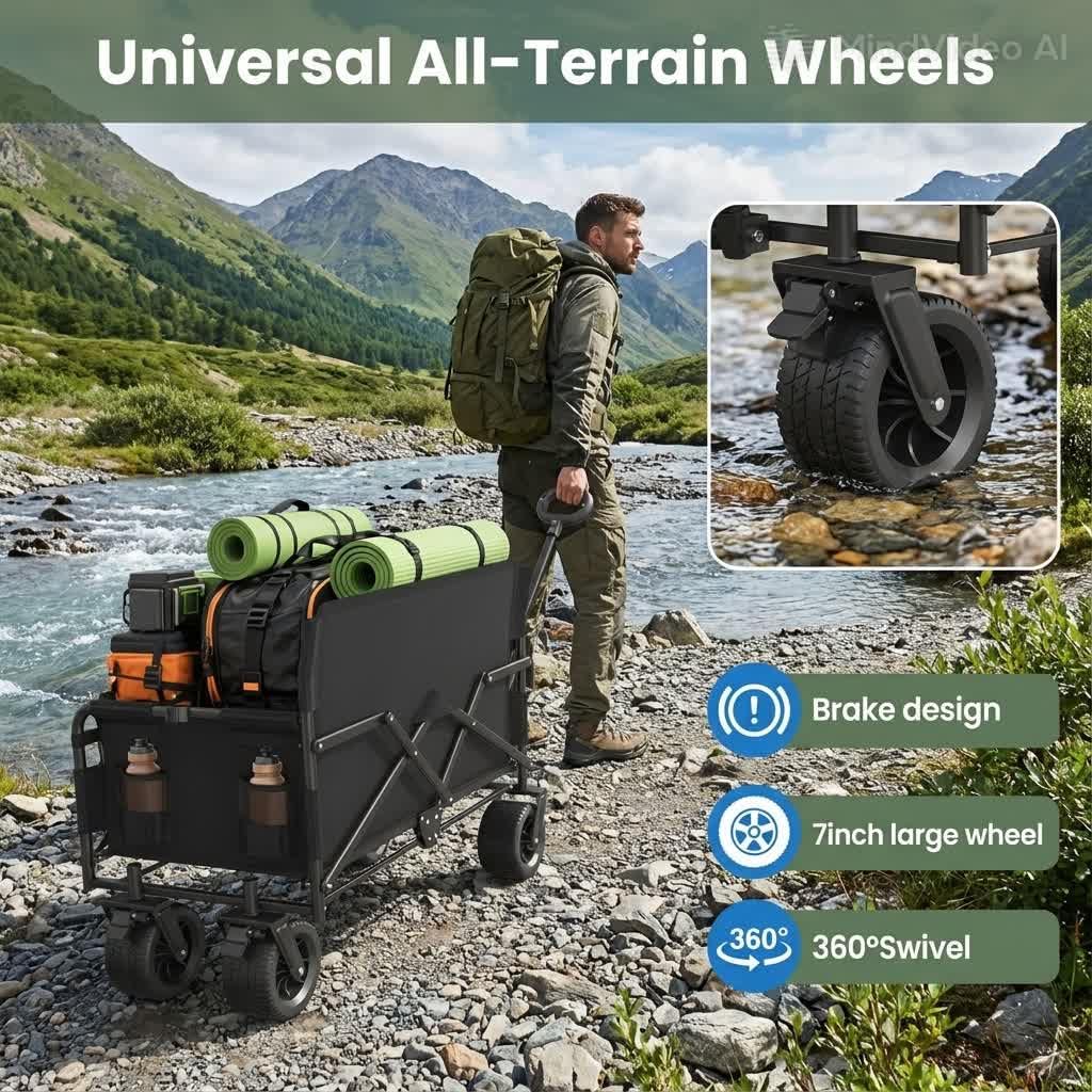 GVDV 550lbs Heavy Duty Collapsible Wagon with Seats, 3-in-1 Folding Wagon with Bench Seat, All-Terrain Beach Cart with Big Wheels & Brakes for Sports, Camping, Fishing, Groceries