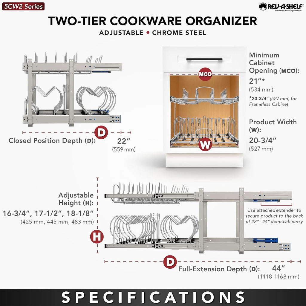 Rev-A-Shelf 2-Tier Kitchen Cabinet Pullout, Cabinet Organizer for Pots, Pans, and Lid Cookware, Adjustable Heavy Duty Wire, Chrome, Min Opening Width of 20.5', 5CW2-2122-C